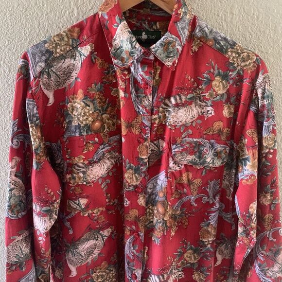 Hunt Club Women's Medium Red Nature Themed Collared Long Sleeve Button Up Top - Picture 10 of 16